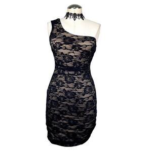 Vtg 90's Ruby Rox Black Lace One Shoulder Bodycon Romantic Gothic Mini Dress S